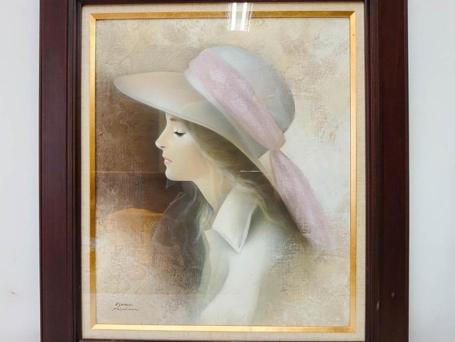 真作　中原脩　「帽子の女」　F8(8号)　絵画(油彩、油絵、人物画、美人画、サイン入り、額装、外箱付)(R-082921)