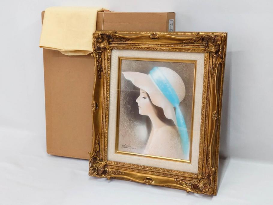 真作　中原脩　「帽子の女　青いリボン」　F3(3号)　絵画(油彩、油絵、人物画、美人画、サイン入り、額装、外箱付)(R-082922)