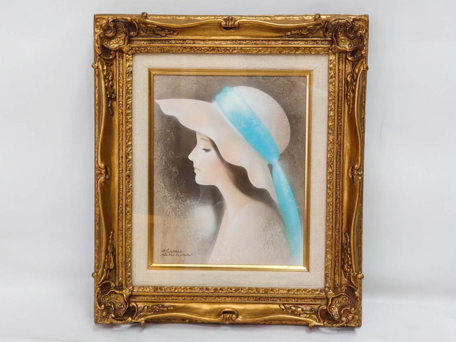 真作　中原脩　「帽子の女　青いリボン」　F3(3号)　絵画(油彩、油絵、人物画、美人画、サイン入り、額装、外箱付)(R-082922)