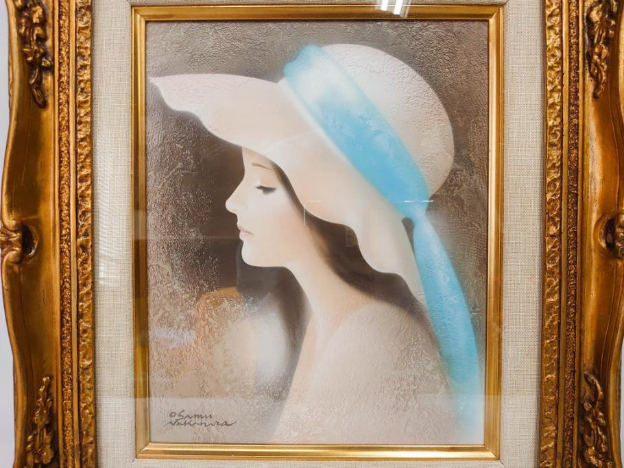 真作　中原脩　「帽子の女　青いリボン」　F3(3号)　絵画(油彩、油絵、人物画、美人画、サイン入り、額装、外箱付)(R-082922)