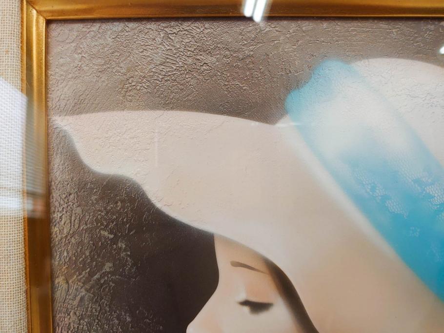 真作　中原脩　「帽子の女　青いリボン」　F3(3号)　絵画(油彩、油絵、人物画、美人画、サイン入り、額装、外箱付)(R-082922)