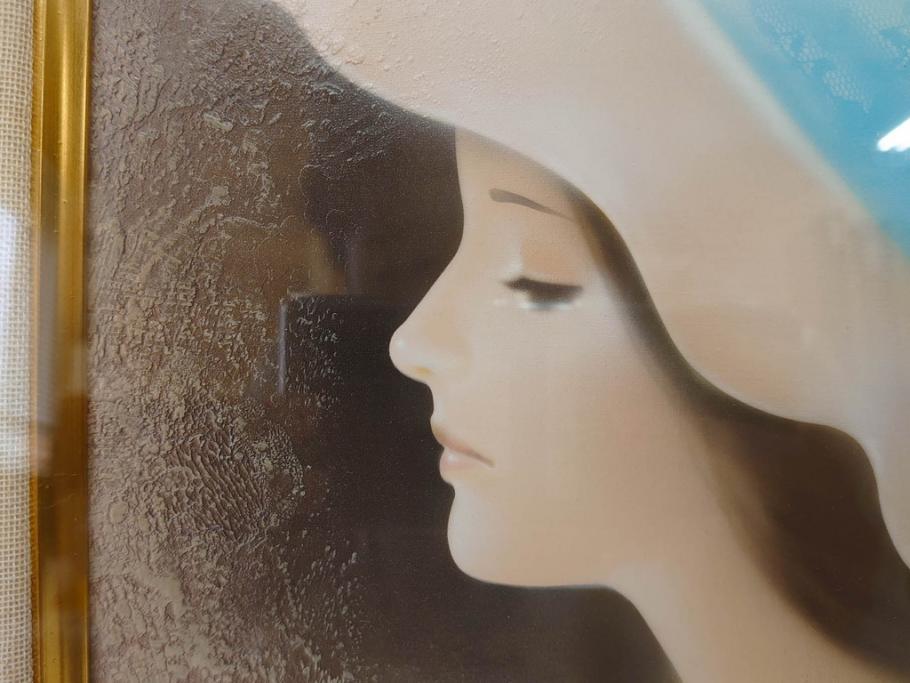 真作　中原脩　「帽子の女　青いリボン」　F3(3号)　絵画(油彩、油絵、人物画、美人画、サイン入り、額装、外箱付)(R-082922)