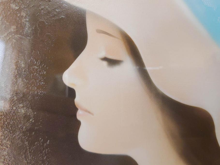 真作　中原脩　「帽子の女　青いリボン」　F3(3号)　絵画(油彩、油絵、人物画、美人画、サイン入り、額装、外箱付)(R-082922)