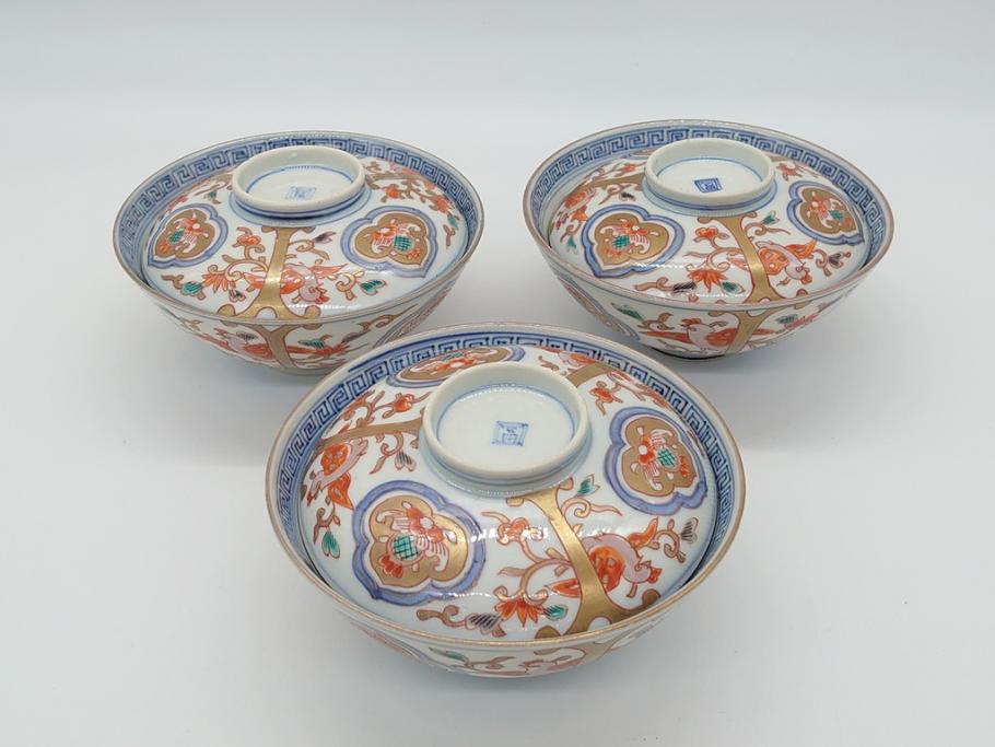明治期　伊万里焼　色絵染付　蓋茶碗3客(角冨、角富、和食器)(R-062053)