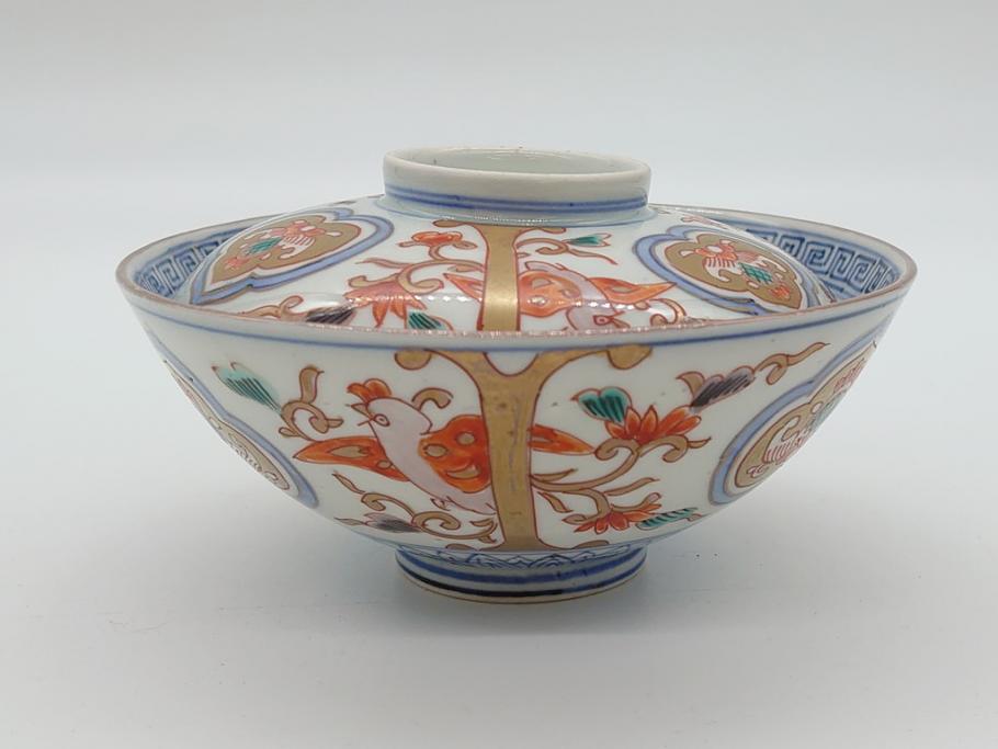 明治期　伊万里焼　色絵染付　蓋茶碗3客(角冨、角富、和食器)(R-062053)