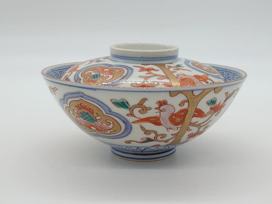明治期　伊万里焼　色絵染付　蓋茶碗3客(角冨、角富、和食器)(R-062053)
