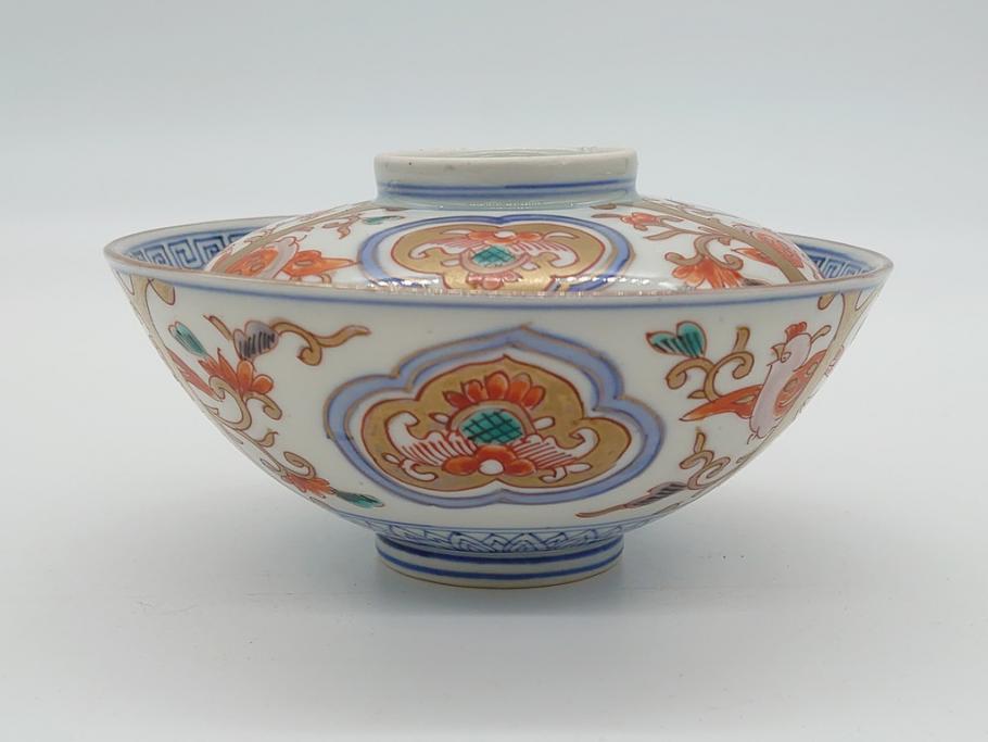 明治期　伊万里焼　色絵染付　蓋茶碗3客(角冨、角富、和食器)(R-062053)