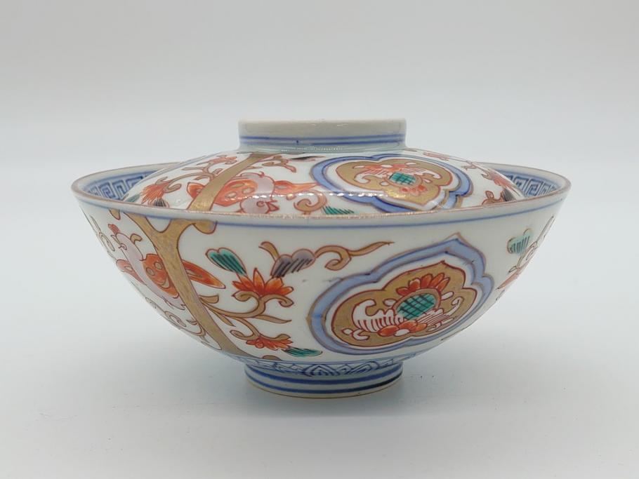 明治期　伊万里焼　色絵染付　蓋茶碗3客(角冨、角富、和食器)(R-062053)
