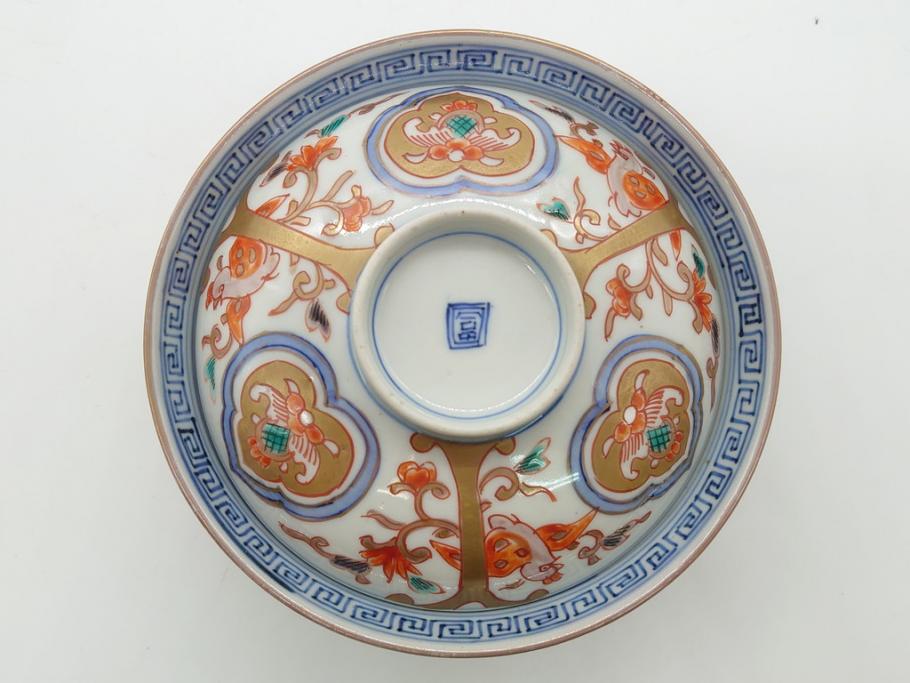 明治期　伊万里焼　色絵染付　蓋茶碗3客(角冨、角富、和食器)(R-062053)