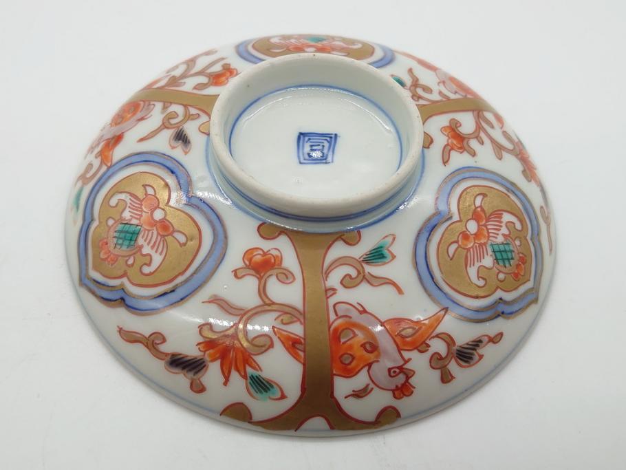 明治期　伊万里焼　色絵染付　蓋茶碗3客(角冨、角富、和食器)(R-062053)