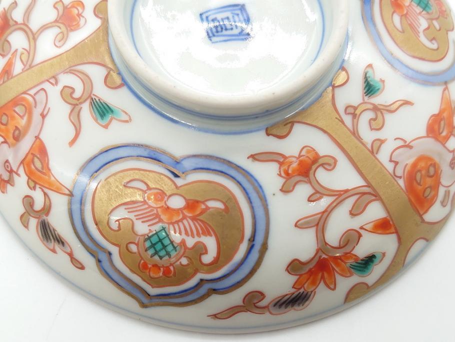 明治期　伊万里焼　色絵染付　蓋茶碗3客(角冨、角富、和食器)(R-062053)