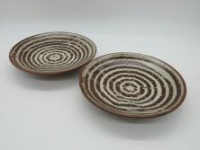 人間国宝　島岡達三　益子焼　スリップ文　皿2枚セット(中皿、和食器、民芸陶器)(R-062057)