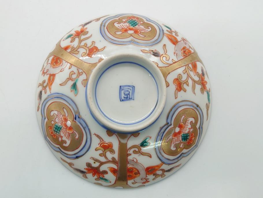 明治期　伊万里焼　色絵染付　蓋茶碗3客(角冨、角富、和食器)(R-062060)