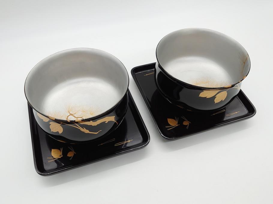 【高品質】 蒔絵 木製 内銀塗 漆 松牡丹文 凛とした気品漂う杯洗2客セット 椀