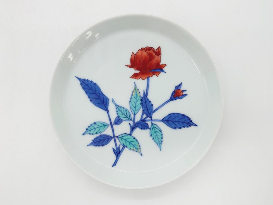 重要無形文化財　十二代 今泉今右衛門　錦　色絵　薔薇文　5.1寸　約15.5cm　大胆に描かれた薔薇の図が食卓のアクセントになる中皿5枚(銘々皿、色鍋島、和食器、五寸一分、共箱付き)(R-063955)