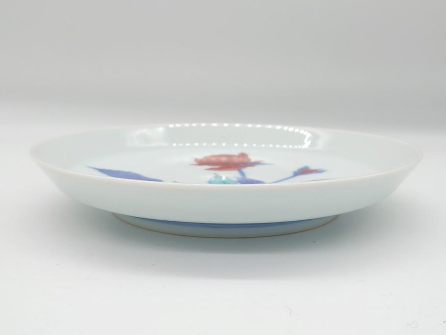 重要無形文化財　十二代 今泉今右衛門　錦　色絵　薔薇文　5.1寸　約15.5cm　大胆に描かれた薔薇の図が食卓のアクセントになる中皿5枚(銘々皿、色鍋島、和食器、五寸一分、共箱付き)(R-063955)