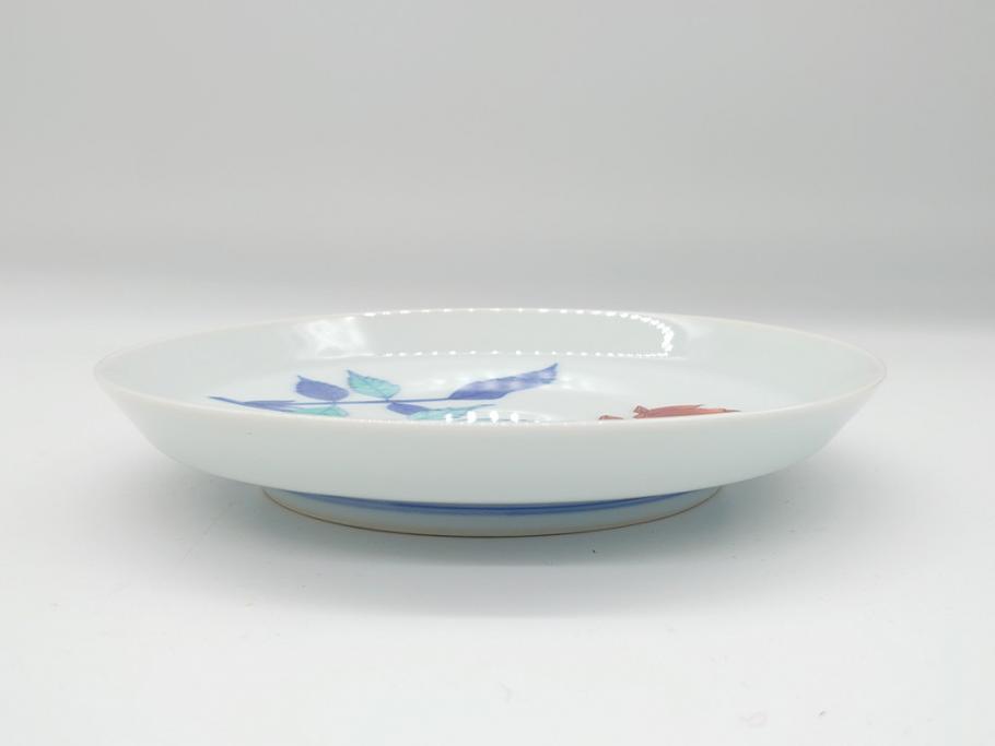 重要無形文化財　十二代 今泉今右衛門　錦　色絵　薔薇文　5.1寸　約15.5cm　大胆に描かれた薔薇の図が食卓のアクセントになる中皿5枚(銘々皿、色鍋島、和食器、五寸一分、共箱付き)(R-063955)