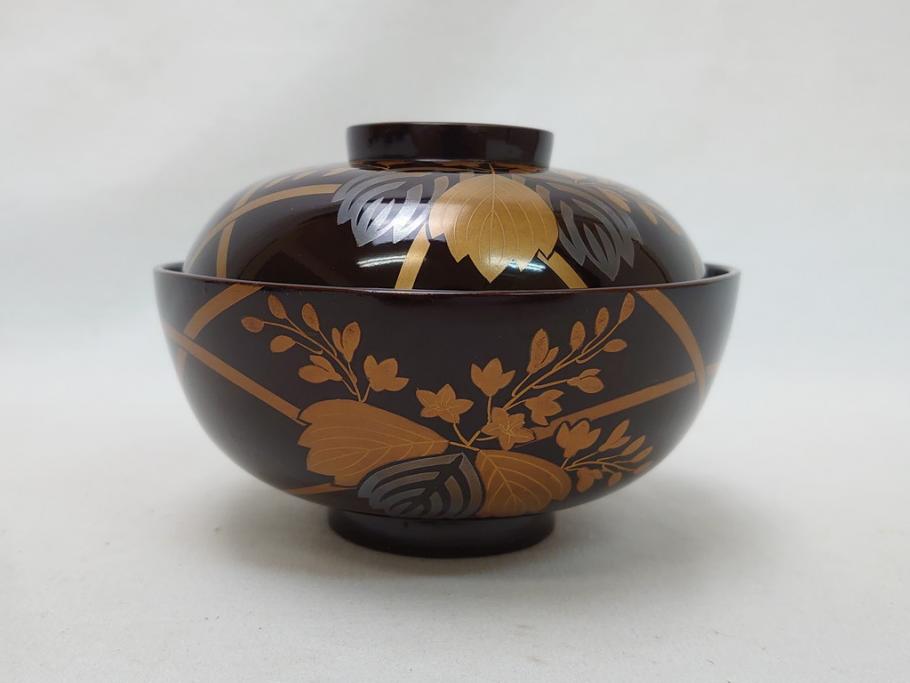 明治〜大正　桐材　金銀蒔絵　輪島塗り　木製漆器　漆器の色合いと蒔絵の組み合わせが美しい吸物椀6客セット(和食器、お椀)(R-064007)