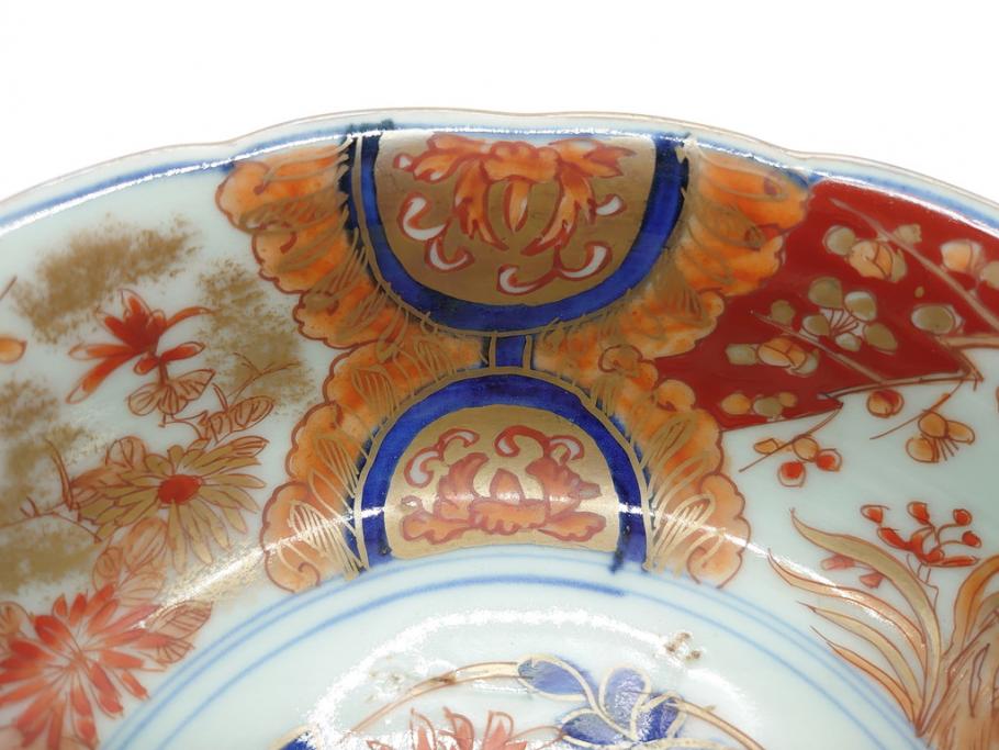 上手物　明治期　色絵　染付　花文　6寸皿　約18cm　一つ一つ丁寧に絵付けされた職人の技が光る深皿3枚セット(六寸、中皿、変形皿、和食器、和皿)(R-062094)