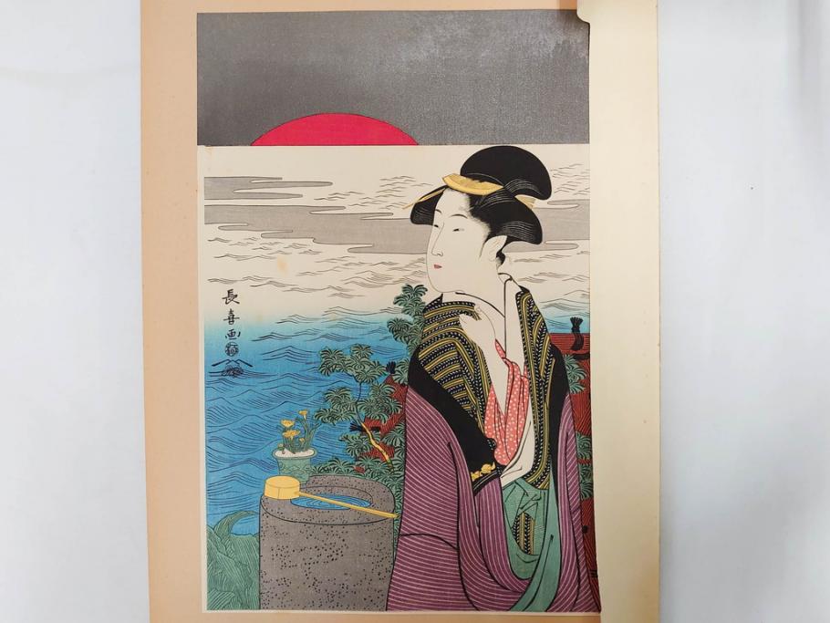 未刊　浮世絵美人名画撰　アダチ版画研究所　24枚中23枚　版画23枚セット(木版画、日/英文解説書付き、喜多川歌麿、渓斎英泉、鈴木春信、歌川国貞、鳥居清長、磯田湖龍斎等)(R-082924)