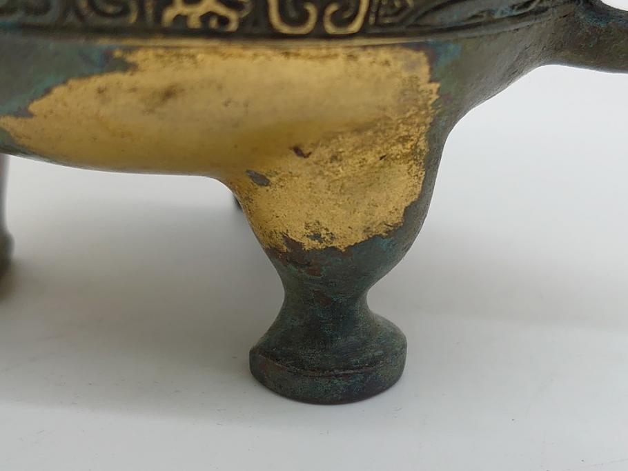 昭和中期　鋳金家　四世　秦蔵六作　嘉禮龍紋敦式　塗金銅香炉(共箱付き、香爐、三つ脚、仏具)(R-062097)