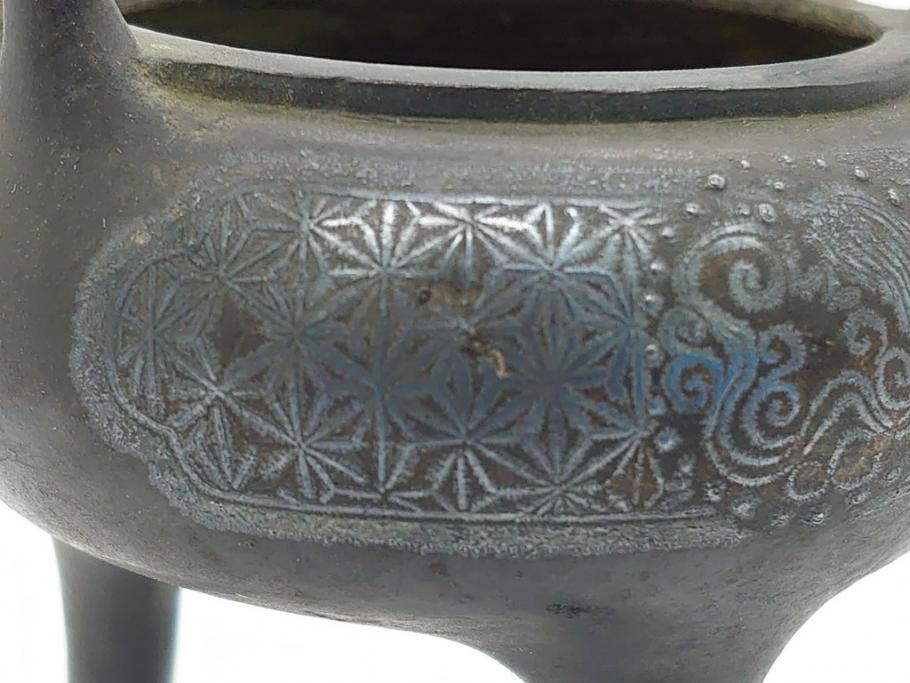 古玩　古銅　獅子　銀象嵌　意匠を凝らした獅子が見事な香炉(中国?、三つ脚、仏具)(R-062088)