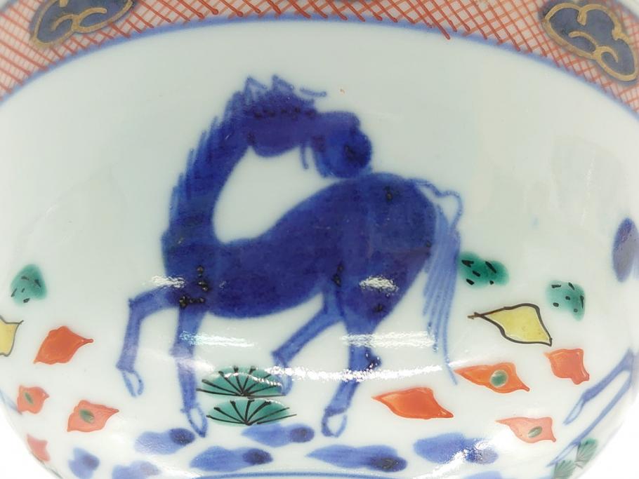 江戸期　大明萬暦年製　古伊万里　色絵　染付　稀少図柄　馬　3.8寸　約11.5cm　生き生きとした馬の絵付けが魅力の蓋付き茶碗2客セット(和食器、三寸八分)(R-062101)