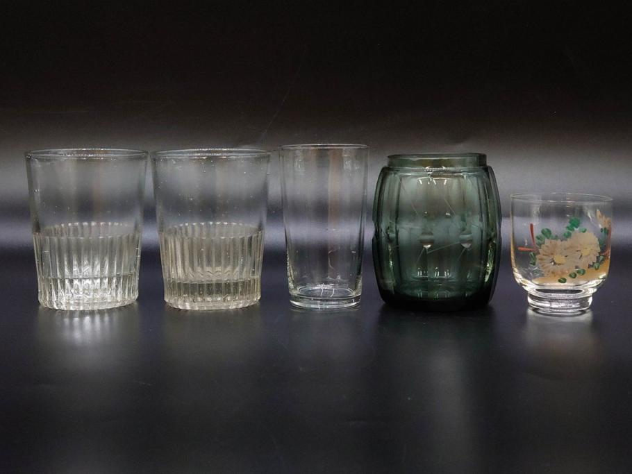 戦前　当時物　ガラス　切子　エナメル　グラス　どこか懐かしさを感じるコップなど5点セット(花、小物入れ、硝子、和ガラス)(R-082934)