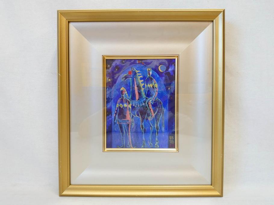 真作　山下邦雄　「サーカスがやってきた」　F0号　日本画(共シール、絵画、額装、箱付き)(R-076732)