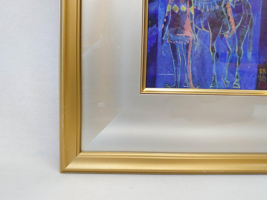 真作　山下邦雄　「サーカスがやってきた」　F0号　日本画(共シール、絵画、額装、箱付き)(R-076732)