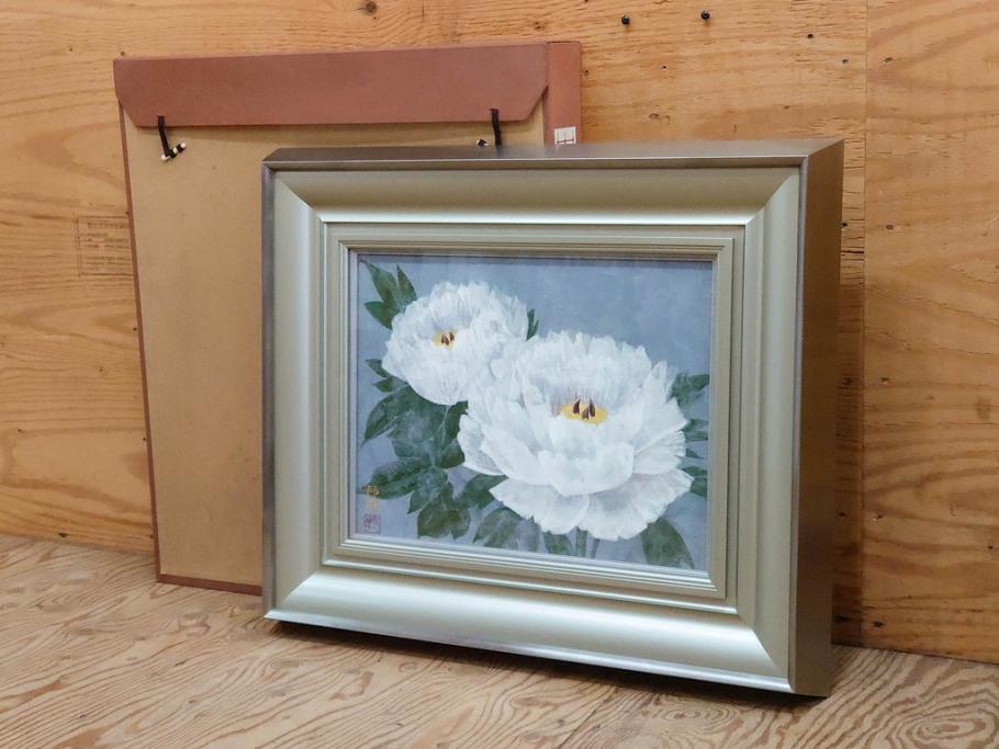 真作　山下邦雄　「牡丹」　6F(6号)　日本画(ぼたん、花、共シール、絵画、額装、箱付き)(R-076743)