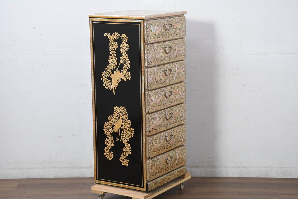 中古　超美品‼　もはや美術品‼　最高級　統一工芸研究院 吉正本　美しい螺鈿(ラデン)細工が目を引く存在感抜群の縦型チェスト(サイドチェスト、引き出し)(定価推定約150万円以上)(R-082490)