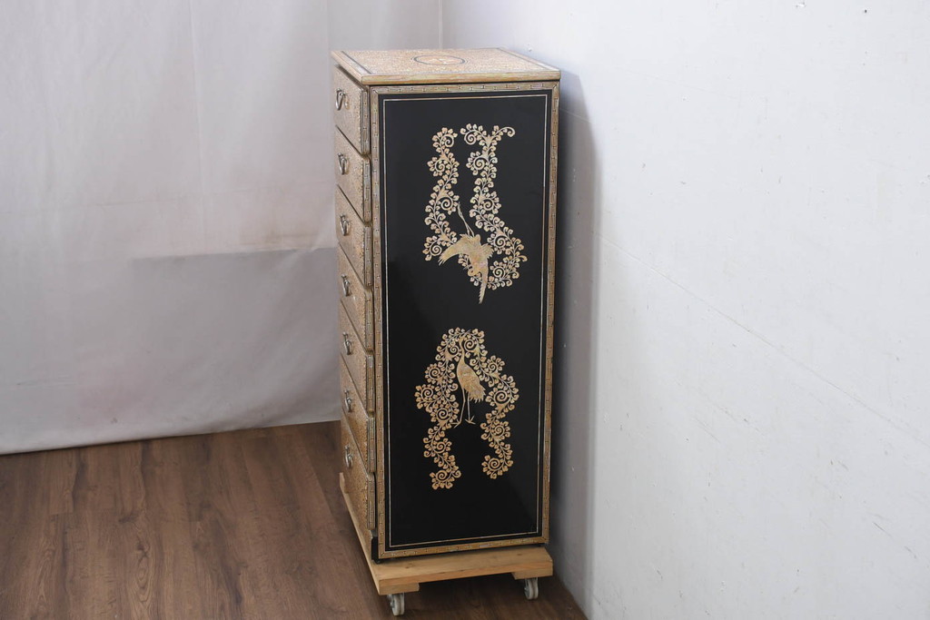 中古　超美品‼　もはや美術品‼　最高級　統一工芸研究院 吉正本　美しい螺鈿(ラデン)細工が目を引く存在感抜群の縦型チェスト(サイドチェスト、引き出し)(定価推定約150万円以上)(R-082490)