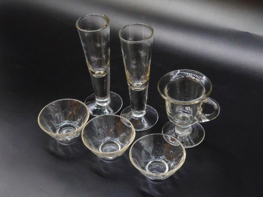 戦前　当時物　切子　アイスクリーム　氷コップ　レトロな雰囲気漂うグラスなど6点セット(デザートカップ、ミニボウル、深皿、小鉢、硝子、ガラス)(R-082938)