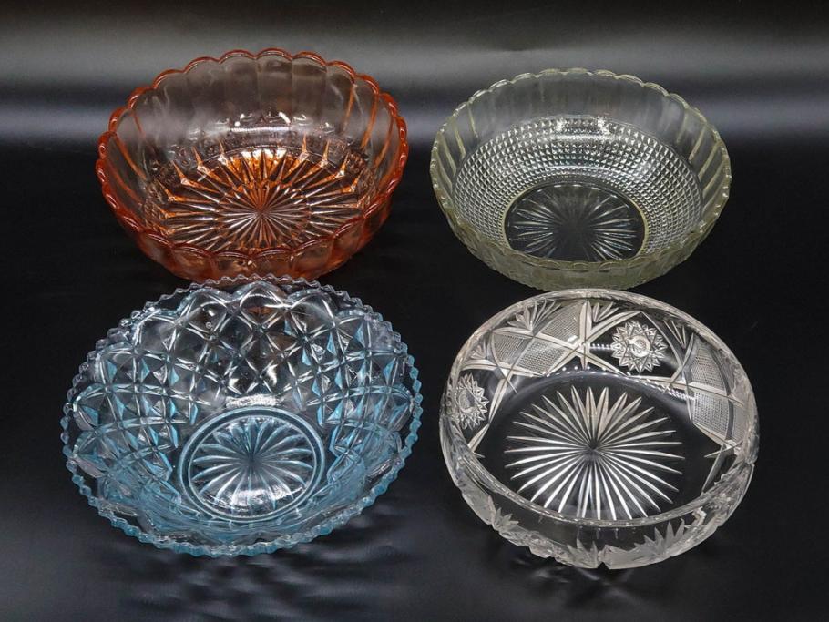 昭和初期～中期　お部屋を華やかに彩るガラスボウル4点セット(深皿、深鉢、ガラス鉢、硝子、和ガラス)(R-082975)