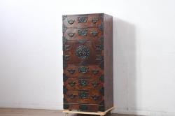 中古　美品　岩谷堂箪笥　「菊幸」　漆塗り　欅(ケヤキ)材　美しい木目が魅力的な縦型チェスト(収納箪笥、和箪笥、引き出し、整理タンス)(R-082656)