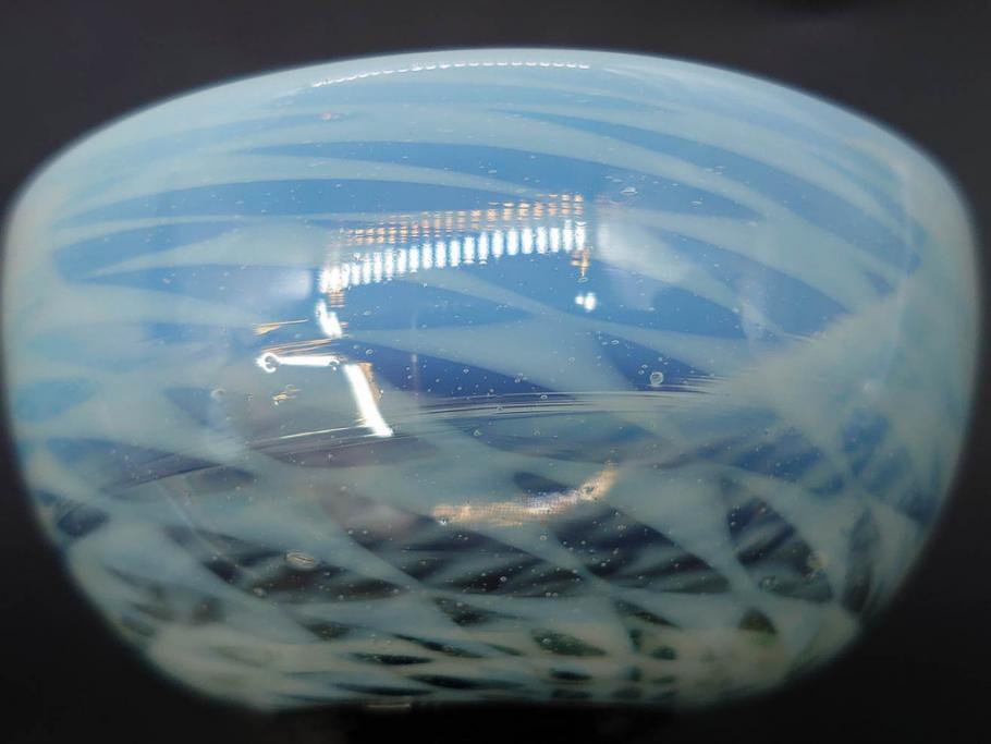 戦前　当時物　碗型　乳白　鱗文　エナメル脚　上品な和の趣溢れる氷コップ(グラス、和ガラス、硝子)(R-083024)