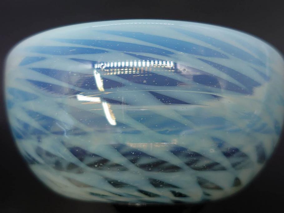 戦前　当時物　碗型　乳白　鱗文　エナメル脚　上品な和の趣溢れる氷コップ(グラス、和ガラス、硝子)(R-083024)
