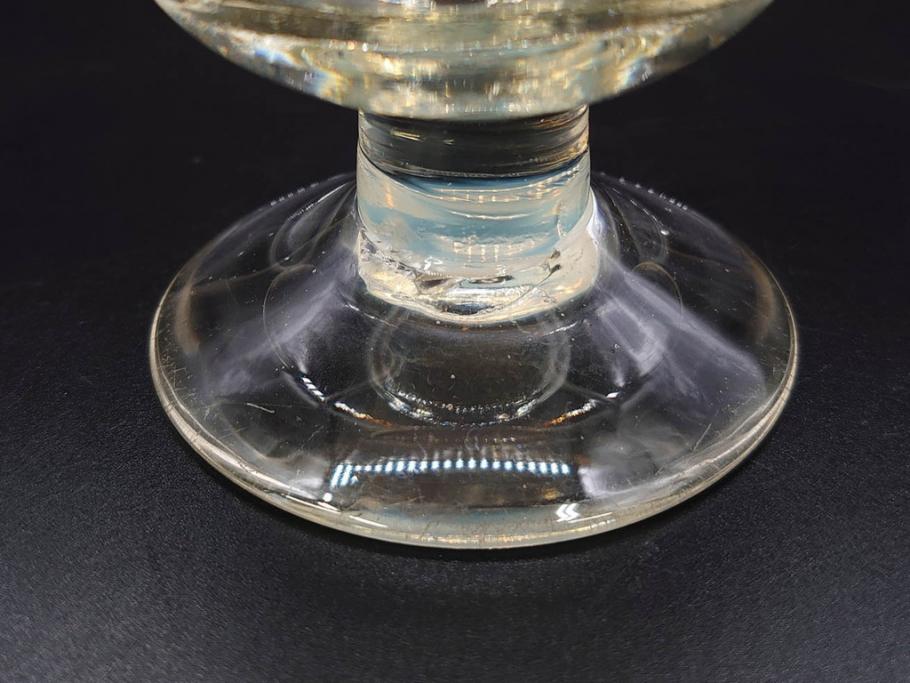 戦前　当時物　棗型(なつめ形)　輪花　青縁　赤縁　レトロな佇まいが魅力の氷コップ3客セット(吹きガラス、グラス、和ガラス、硝子)(R-083027)