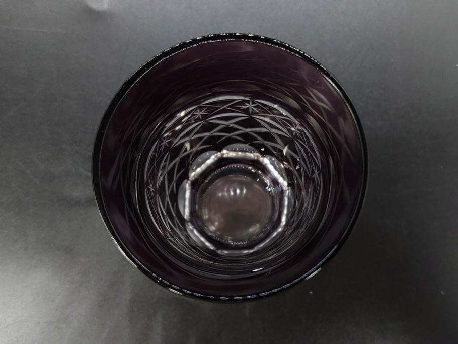 戦前　当時物　切子　色被せ　紫　繊細なカットが美しく上品な雰囲気のグラス4客セット(コップ、タンブラー、和ガラス、硝子)(R-083029)