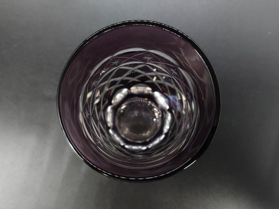 戦前　当時物　切子　色被せ　紫　繊細なカットが美しく上品な雰囲気のグラス4客セット(コップ、タンブラー、和ガラス、硝子)(R-083029)