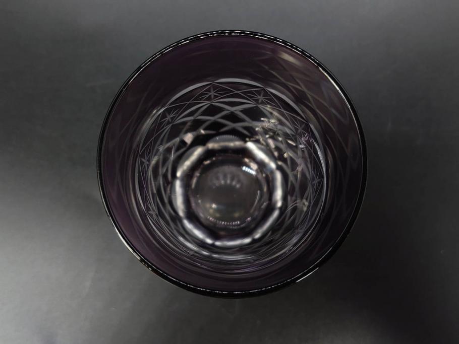 戦前　当時物　切子　色被せ　紫　繊細なカットが美しく上品な雰囲気のグラス4客セット(コップ、タンブラー、和ガラス、硝子)(R-083029)