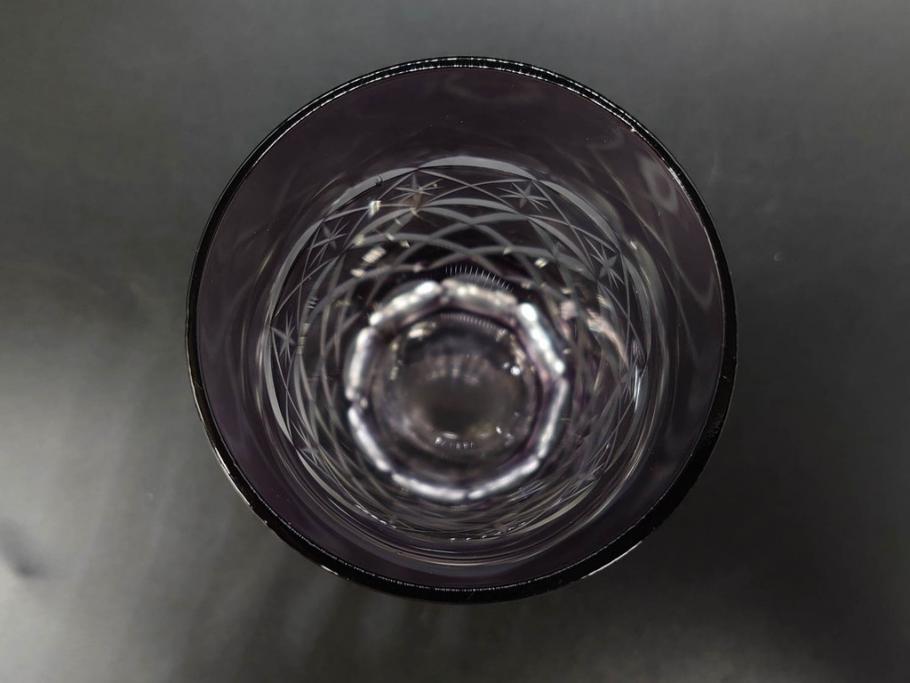 戦前　当時物　切子　色被せ　紫　繊細なカットが美しく上品な雰囲気のグラス4客セット(コップ、タンブラー、和ガラス、硝子)(R-083029)