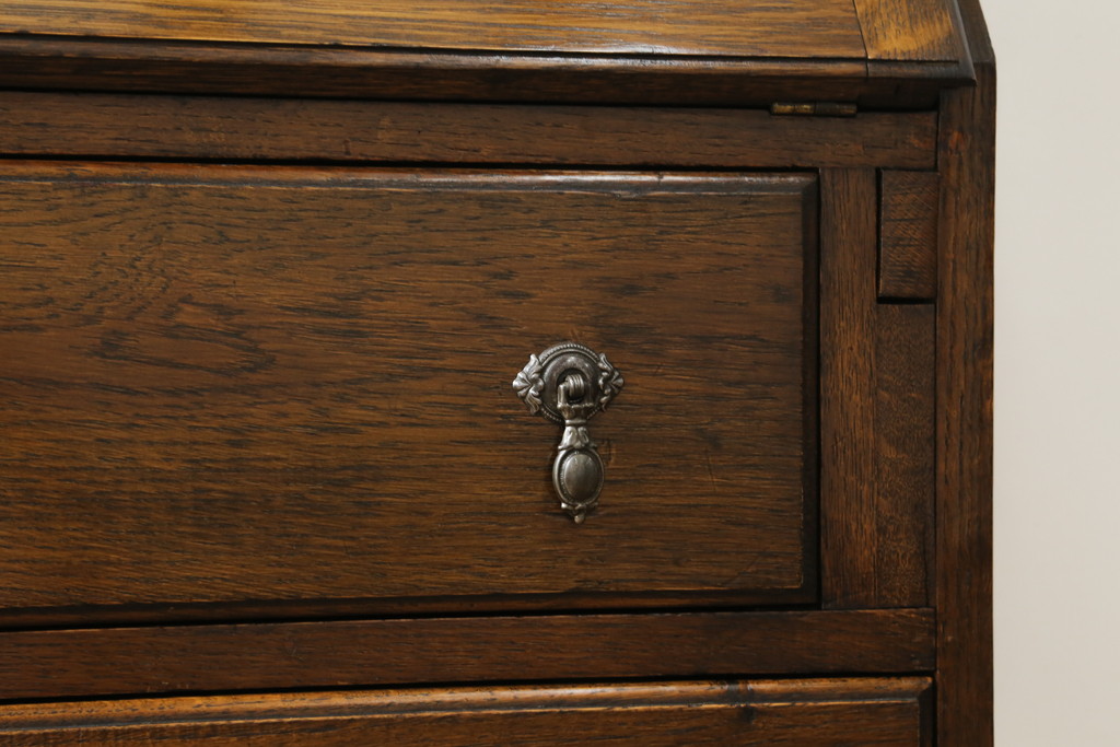 イギリスアンティーク　Lloyd's Antiques(ロイズ・アンティークス)取り扱い　趣のある佇まいが魅力的なオーク材の幅狭ライティングビューロー(ワークデスク、簿記机、在宅用、在宅ワーク用、英国)(R-074023)