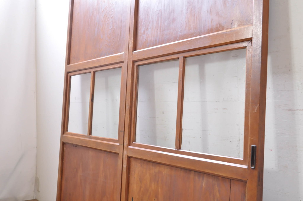アンティーク建具　レトロな空間を演出するガラス帯戸2枚セット(引き戸、ガラス戸)(R-069262)