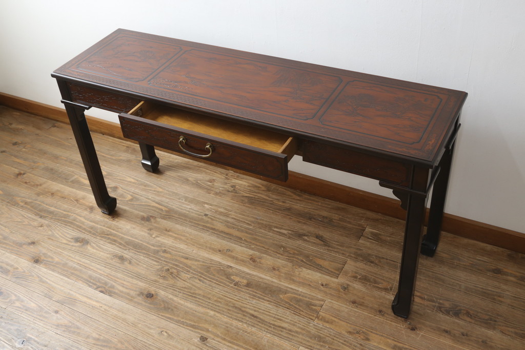 中古　希少モデル　DREXEL HERITAGE(ドレクセルヘリテイジ)　彫刻入り　異国情緒あふれるシノワズリ様式のコンソールテーブル(薄型デスク、机、ワークデスク、サイドテーブル、在宅用、在宅ワーク用)(R-080159)