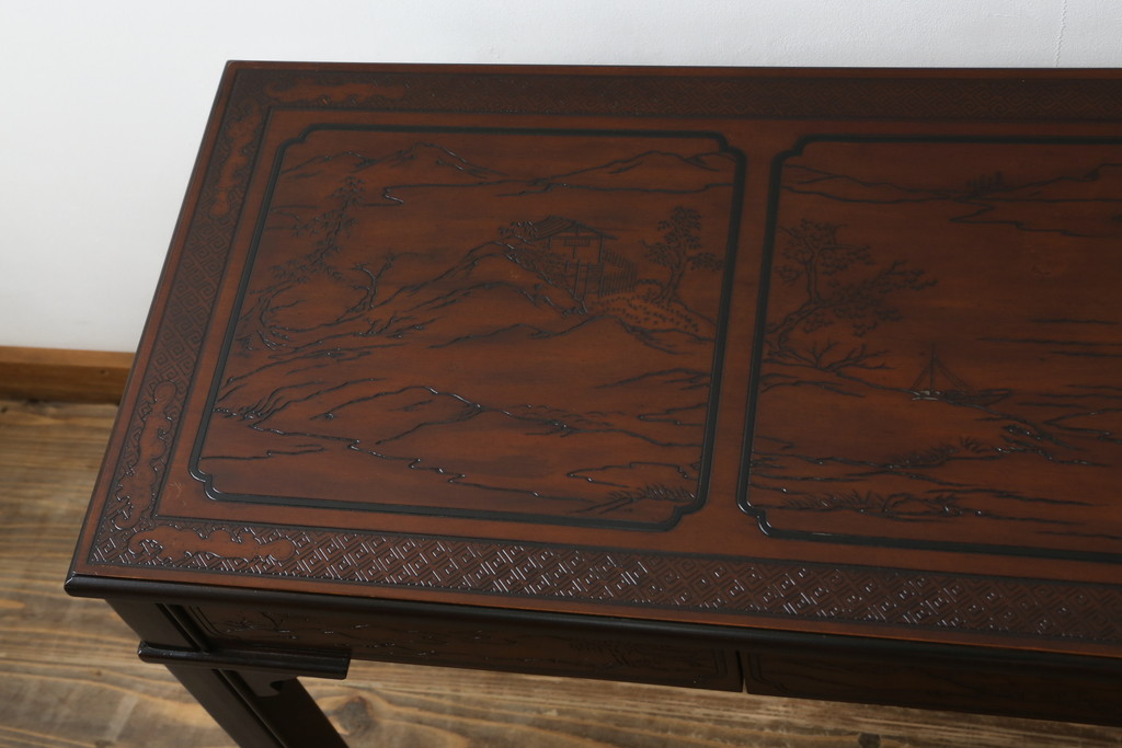 中古　希少モデル　DREXEL HERITAGE(ドレクセルヘリテイジ)　彫刻入り　異国情緒あふれるシノワズリ様式のコンソールテーブル(薄型デスク、机、ワークデスク、サイドテーブル、在宅用、在宅ワーク用)(R-080159)