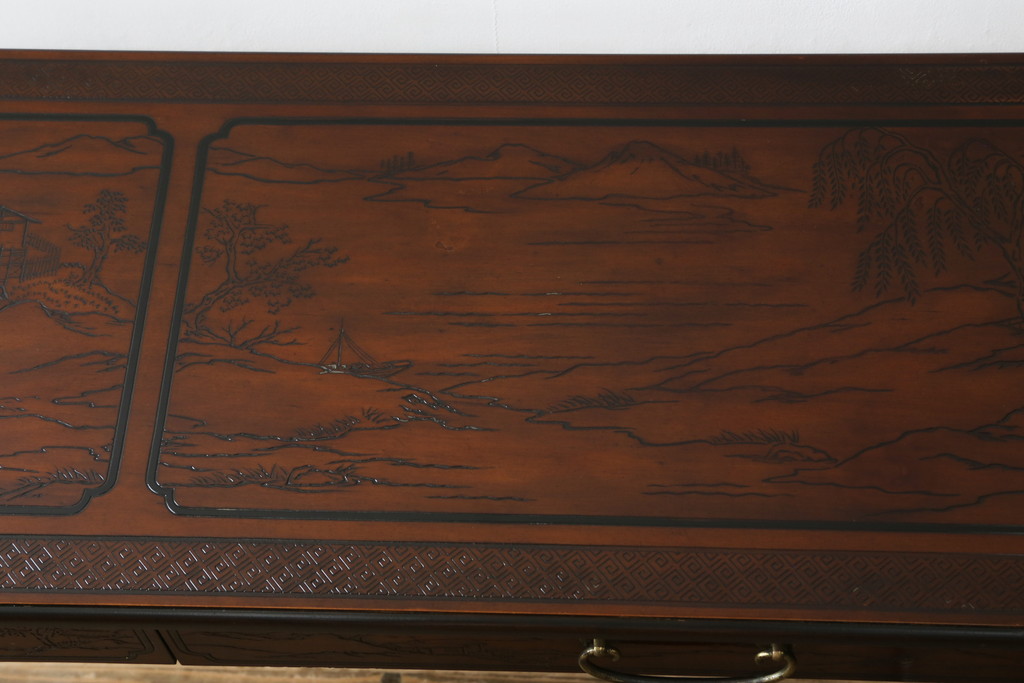 中古　希少モデル　DREXEL HERITAGE(ドレクセルヘリテイジ)　彫刻入り　異国情緒あふれるシノワズリ様式のコンソールテーブル(薄型デスク、机、ワークデスク、サイドテーブル、在宅用、在宅ワーク用)(R-080159)