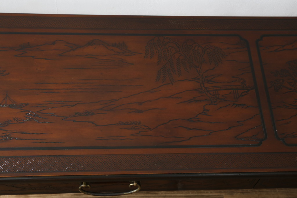 中古　希少モデル　DREXEL HERITAGE(ドレクセルヘリテイジ)　彫刻入り　異国情緒あふれるシノワズリ様式のコンソールテーブル(薄型デスク、机、ワークデスク、サイドテーブル、在宅用、在宅ワーク用)(R-080159)