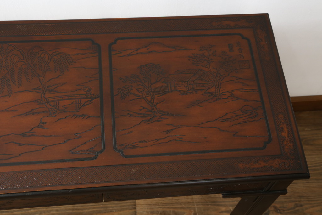 中古　希少モデル　DREXEL HERITAGE(ドレクセルヘリテイジ)　彫刻入り　異国情緒あふれるシノワズリ様式のコンソールテーブル(薄型デスク、机、ワークデスク、サイドテーブル、在宅用、在宅ワーク用)(R-080159)
